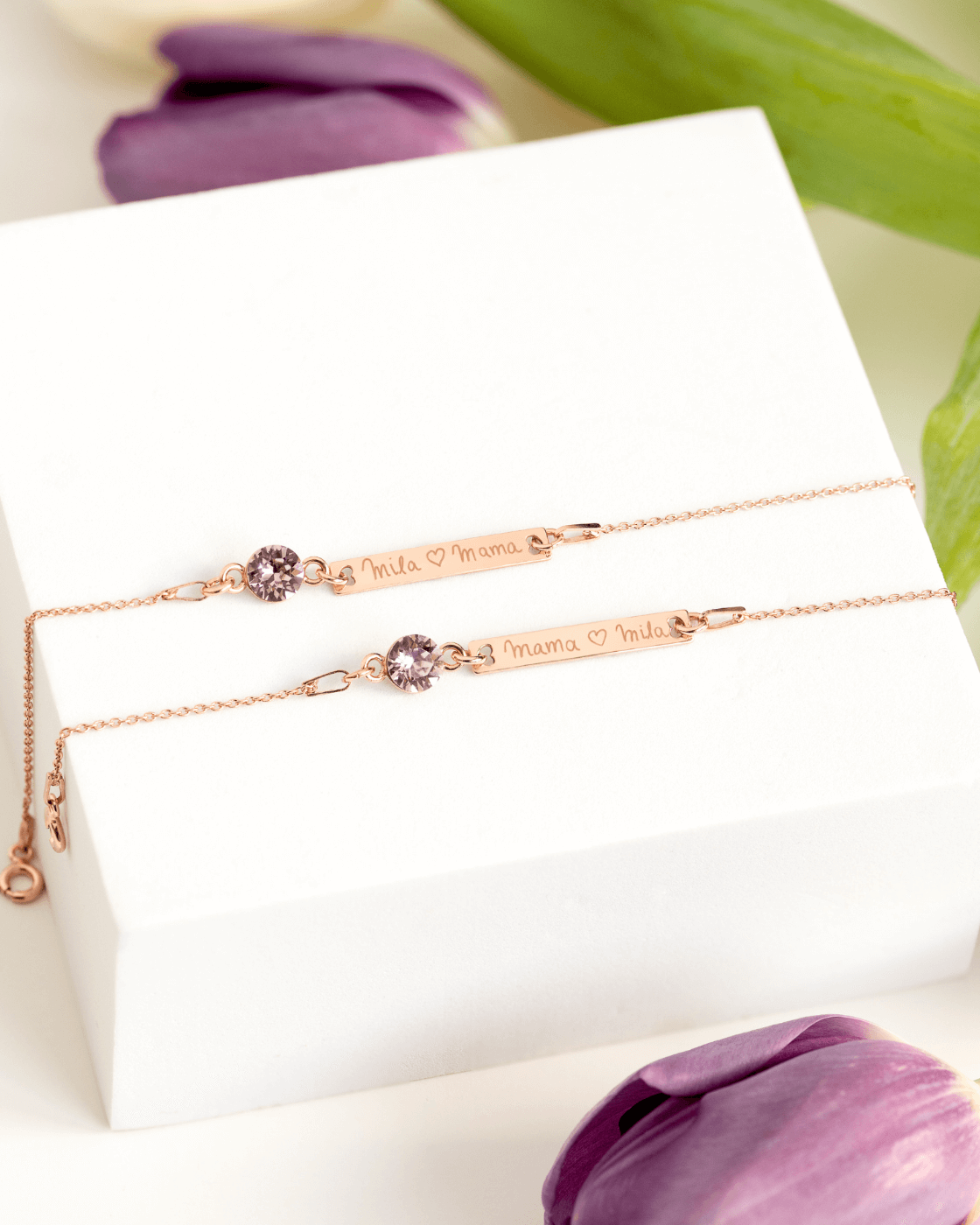 Mama-Kind-Set Armband mit Geburtsstein und Gravur länglich
