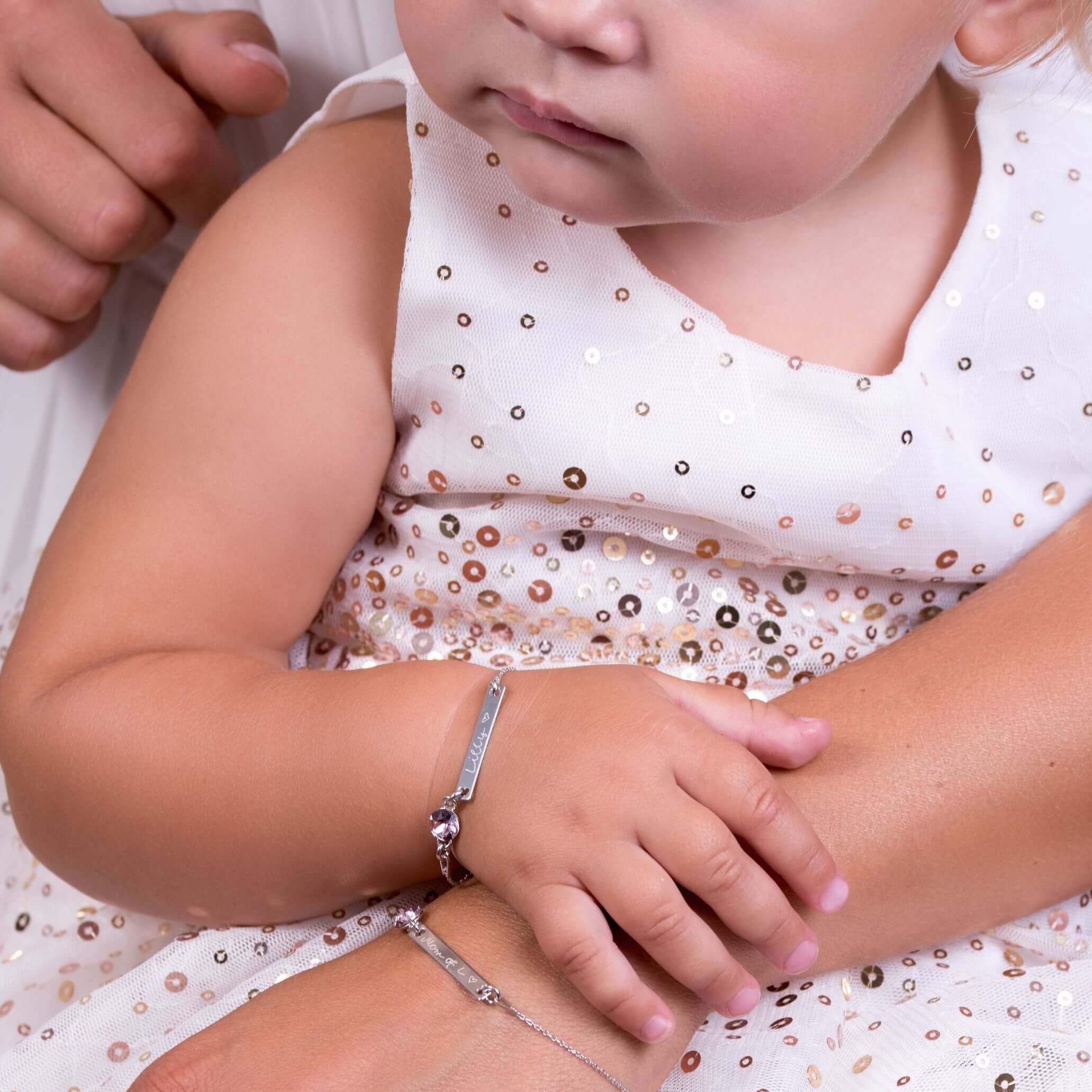Mama-Kind-Set Armband mit Geburtsstein und Gravur länglich
